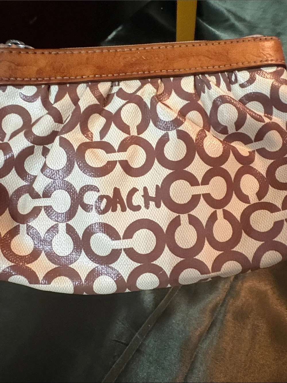 Coach Vintage Signature Brown Leah Op Art wristlet coated canvas leather trim